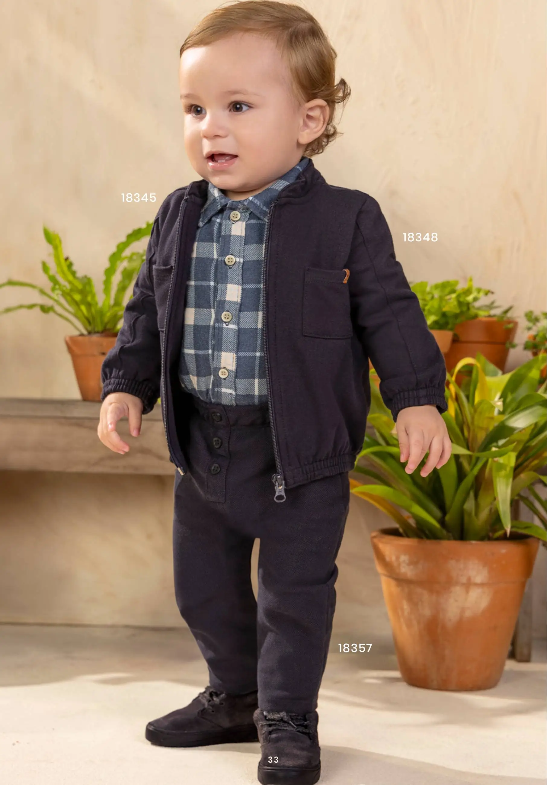 Conjunto Bebê Jaqueta Azul Marinho, Camisa Xadrez e Calça com Botões